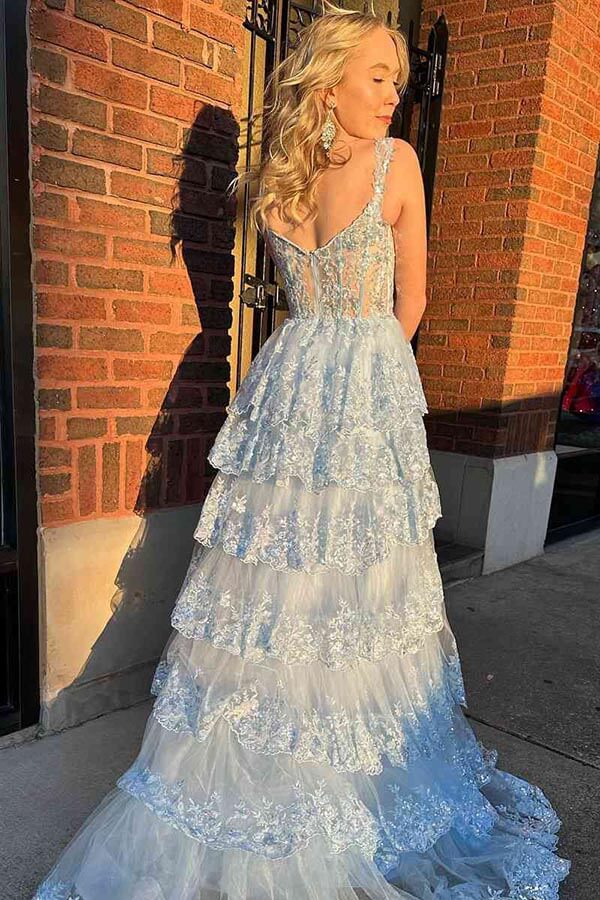 Light Blue A-line Sweetheart Tiered Lace Appliques Prom Dresses With Slit, SP986 image 2