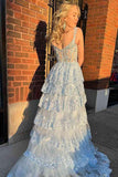 Light Blue A-line Sweetheart Tiered Lace Appliques Prom Dresses With Slit, SP986 image 2