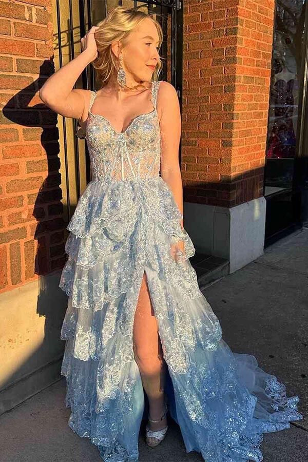 Light Blue A-line Sweetheart Tiered Lace Appliques Prom Dresses With Slit, SP986 image 1