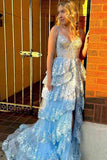 Light Blue A-line Sweetheart Tiered Lace Appliques Prom Dresses With Slit, SP986 image 3