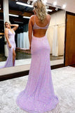 Lilac Sequined Mermaid V-neck Open Back Long Prom Dresses With Slit, SLP007 | new arrival prom dress | prom dresses for teens | long formal dress | simidress.com