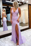 Lilac Sequined Mermaid V-neck Open Back Long Prom Dresses With Slit, SLP007