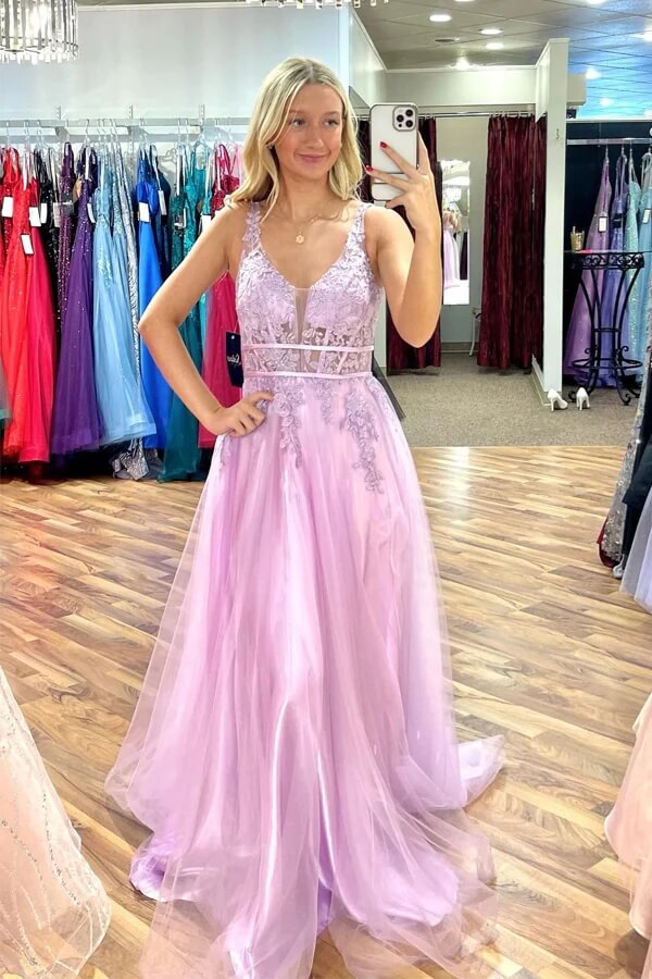 Lilac Tulle A-Line Long Prom Dresses With Appliques SP969