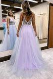 Lilac Tulle A-line V-neck Spaghetti Straps Long Prom Dresses With Slit, SLP011 image 2