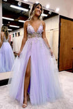 Lilac Tulle A-line V-neck Spaghetti Straps Long Prom Dresses With Slit, SLP011
