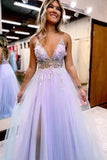 Lilac Tulle A-line V-neck Spaghetti Straps Long Prom Dresses With Slit, SLP011 image 3