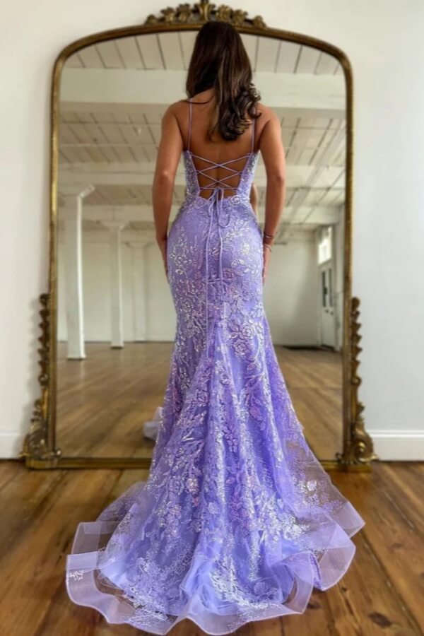Lilac Tulle Mermaid Backless Bateau Neck Prom Dresses, Evening Dress, SLP018 image 2