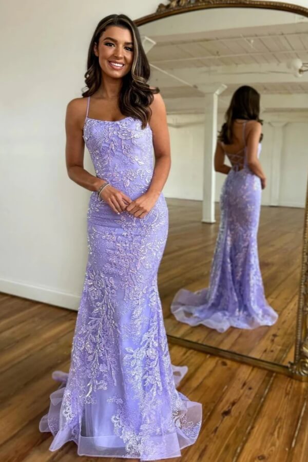 Lilac Tulle Mermaid Backless Bateau Neck Prom Dresses, Evening Dress, SLP018 image 1