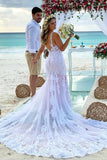 Lilac Tulle Mermaid Spaghetti Straps Lace Appliques Wedding Dresses, SW663 image 2