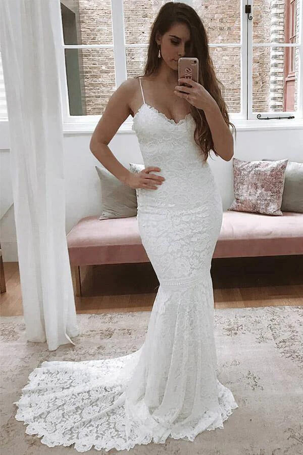 Mermaid Lace Spaghetti Straps Wedding Dresses With Train, Bridal Gown, SW623 | lace wedding gown | mermaid wedding dresses | bridal outfit | simidress.com