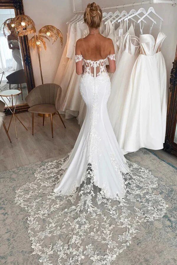 Mermaid Satin Off-the-Shoulder Wedding Dresses With Lace Appliques, SW634 | lace wedding gown | bridal style | wedding dress stores | simidress.com