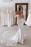 Mermaid Satin Off-the-Shoulder Wedding Dresses With Lace Appliques, SW634 | mermaid lace wedding dresses | satin wedding dress | cheap lace wedding dresses | simidress.com