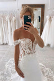 Mermaid Satin Off-the-Shoulder Wedding Dresses With Lace Appliques, SW634 | v neck wedding dress | summer wedding dresses | wedding dresses near me | simidress.com