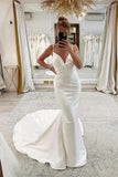 Mermaid Satin Spaghetti Straps V-neck Pleated Simple Wedding Dresses, SW631