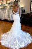 Mermaid V Neck Spaghetti Straps Lace Wedding Dresses With Slit, Bridal Gown, SW760 | sexy wedding dress | wedding dress shops near me | vintage wedding dress | simidress.com