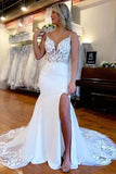 Mermaid V Neck Spaghetti Straps Lace Wedding Dresses With Slit, Bridal Gown, SW760 | cheap lace wedding dress | satin wedding dress | bohemian wedding dress | simidress.com