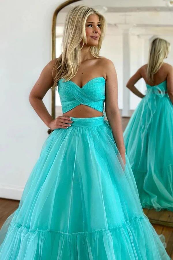 Mint Green Tulle A-line Off-the-Shoulder Prom Dresses, Evening Dresses, SP989 | a line prom dress | two piece prom dress | evening long dress | simidress.com