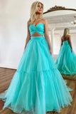 Mint Green Tulle A-line Off-the-Shoulder Prom Dresses, Evening Dresses, SP989
