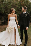 Modest Simple Satin Strapless Wedding Dresses With Slit, Bridal Gown, SW638 image 2