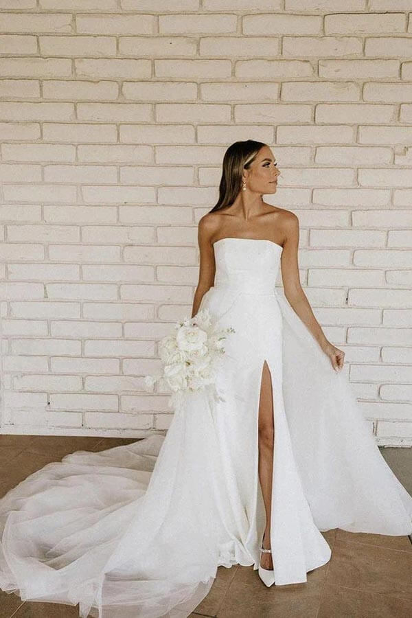 Modest Satin Strapless Wedding Dresses With Slit SW638 Modest Satin Strapless Wedding Dresses With Slit SW638