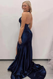 Navy Blue Satin Mermaid Halter Long Prom Dresses With Slit, Party Dress, SLP015 image 2