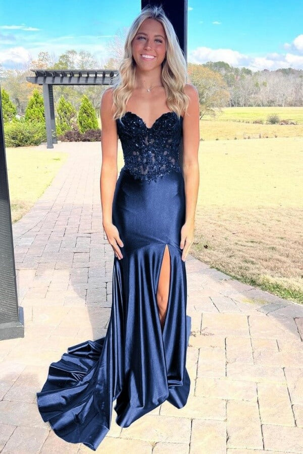 Navy Strapless Satin Mermaid Sweetheart Lace Prom Dresses With Slit, SLP088 | blue prom dress | cheap prom dress | lace prom dress | simidress.com