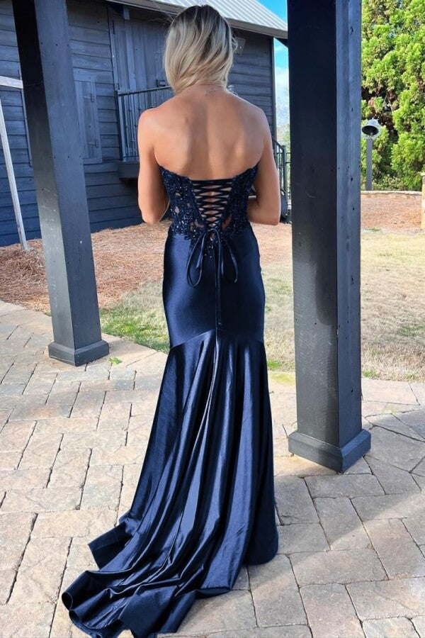 Navy Strapless Satin Mermaid Sweetheart Lace Prom Dresses With Slit, SLP088 | sexy prom dress | long prom dress | prom dress stores | simidress.com