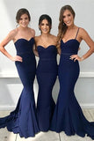 Navy Blue Satin Mermaid Sweetheart Long Bridesmaid Dress With Spaghetti Straps, BD71 image 1