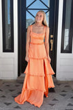 Orange Satin Corset Tiered Floor Length Prom Dress With Slit, Party Dress, SLP098