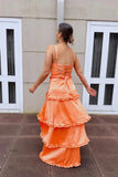 Orange Satin Corset Tiered Floor Length Prom Dress With Slit, Party Dress, SLP098 image 2