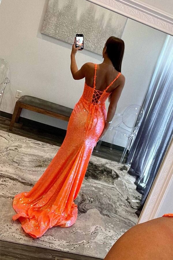 Orange Sequins Spaghetti Straps Long Prom Dress With Lace Appliques, SLP079 | mermaid prom dress | sparkly prom dress | prom dress stores | simidress.com