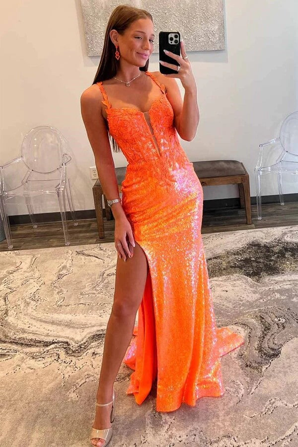 Orange Sequins Spaghetti Straps Long Prom Dress With Lace Appliques, SLP079 | new arrival prom dress | cheap prom dresses online | simple prom dress | simidress.com