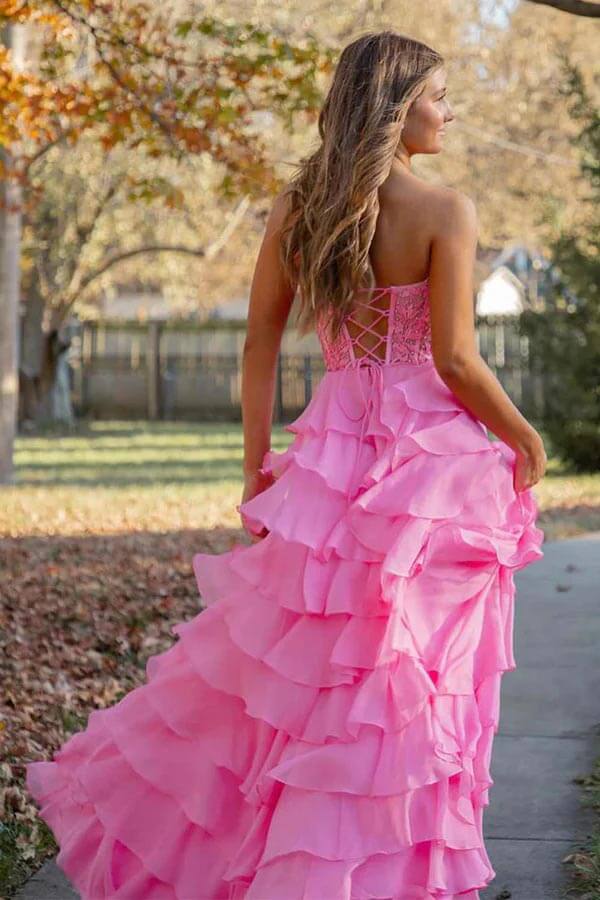 Pink Chiffon Lace Bodice Strapless Prom Dresses With Ruffle Skirt, SLP062 | prom dress for girls | long formal dress | lace prom dress | simidress.com