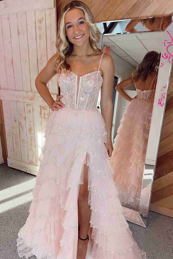 open lace back dress Orange Layered Ruffle Prom Dresses Plunging V-Neck Evening Dress FD292 –  Viniodress main image 0