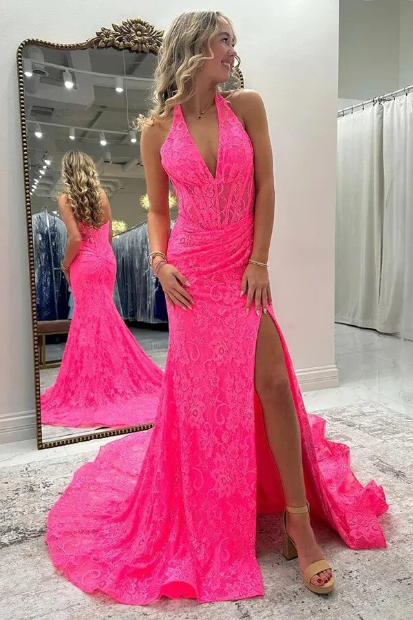 Pink Mermaid Halter Prom Dress With Appliques, SLP074