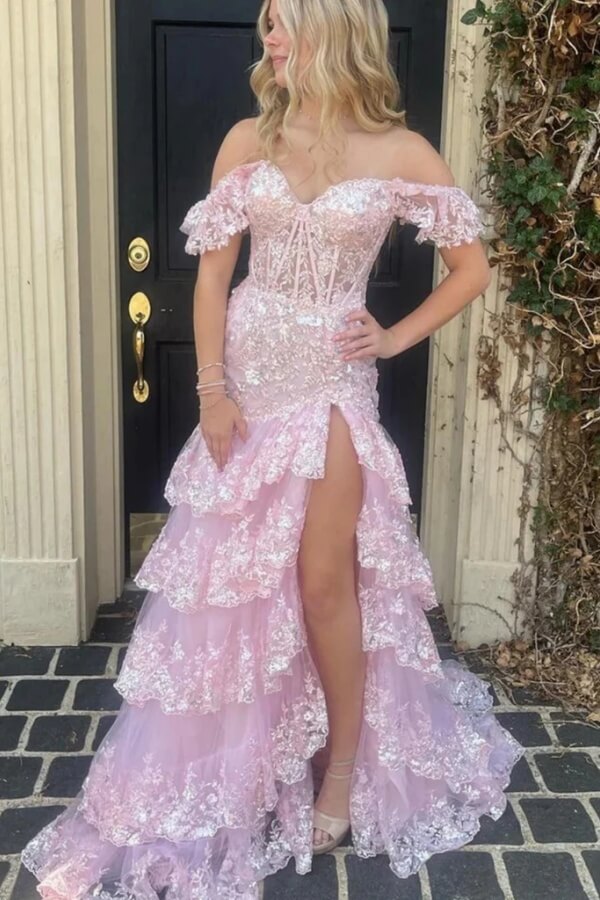 Pink Mermaid Off Shoulder Lace Appliques Long Prom Dresses With Slit, SLP097 image 1