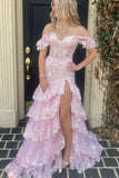 Pink Mermaid Off Shoulder Lace Appliques Long Prom Dresses With Slit, SLP097 image 1