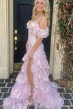 Pink Mermaid Off Shoulder Lace Appliques Long Prom Dresses With Slit, SLP097 image 2