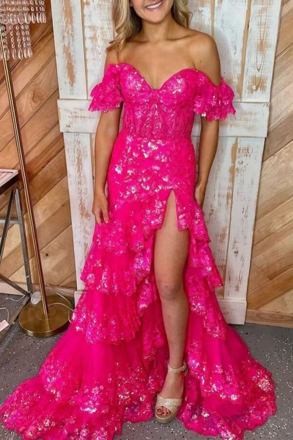 Pink Mermaid Off Shoulder Lace Long Prom Dresses, SLP097 | Simidress Pink Mermaid Off Shoulder Lace Long Prom Dresses, SLP097 | Simidress