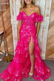 Pink Mermaid Off Shoulder Lace Appliques Long Prom Dresses With Slit, SLP097 image 4