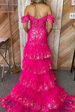 Pink Mermaid Off Shoulder Lace Appliques Long Prom Dresses With Slit, SLP097 image 5