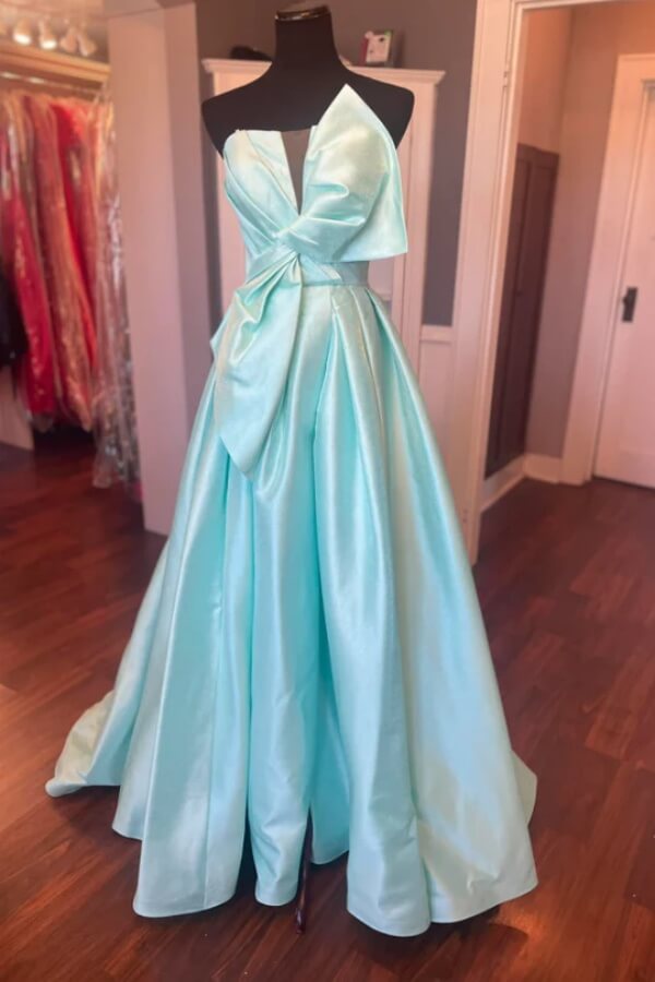 Pink Satin A Line Strapless Prom Dresses With Train, Long Formal Dress, SLP084 | green prom dress | party dress | evening dress | simidress.com