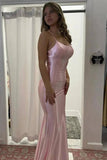 Pink Satin Mermaid Scoop Neck Spaghetti Strap Long Prom Dresses, SLP081 image 2