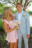 Pink Satin Sheath Open Back Ruffles Straps Homecoming Dress, Short Party Dress, SH654 | pink homecoming dress | new arrival homecoming dress | cheap homecoming dresses near me | simidress.com