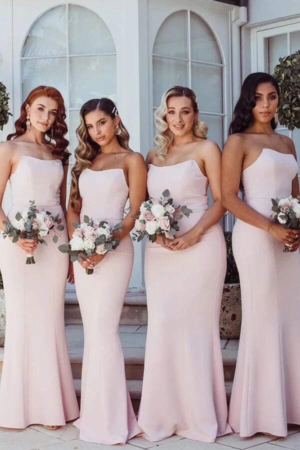 Pink Satin Strapless Mermaid Bridesmaid Dresses, BD139