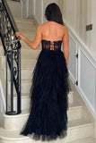 Pink Tulle A-line Ruffles Corset Lace Appliques Prom Dresses With Slit, SLP022 image 4
