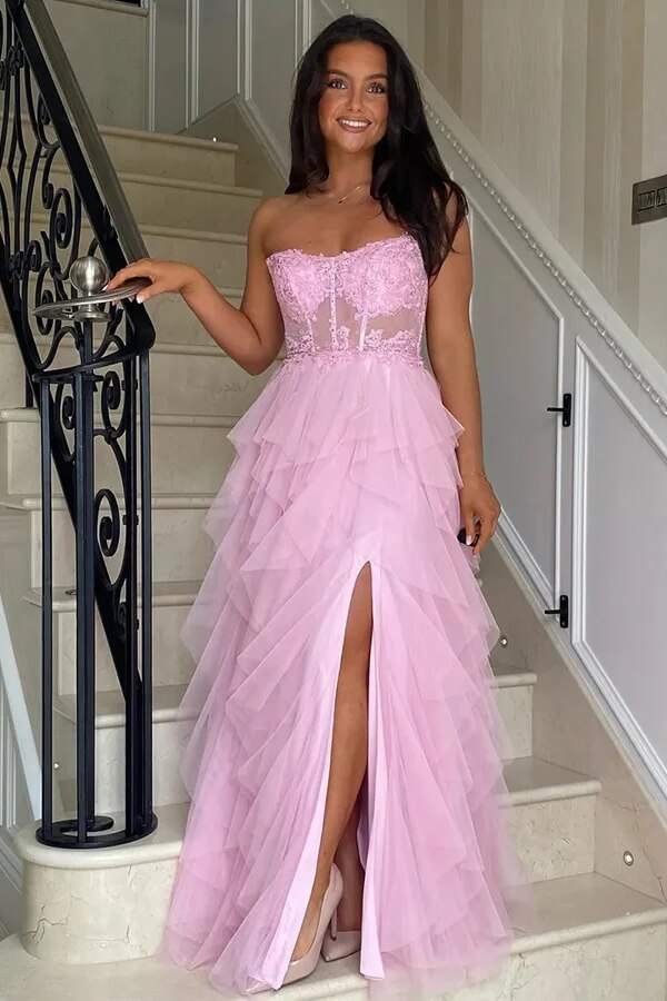 Pink Tulle A-line Ruffles Corset Lace Appliques Prom Dresses With Slit, SLP022 image 1