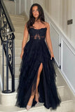 Pink Tulle A-line Ruffles Corset Lace Appliques Prom Dresses With Slit, SLP022 image 3