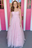 Pink Tulle A-line Sweetheart Simple Prom Dresses, Long Formal Dresses, SP971