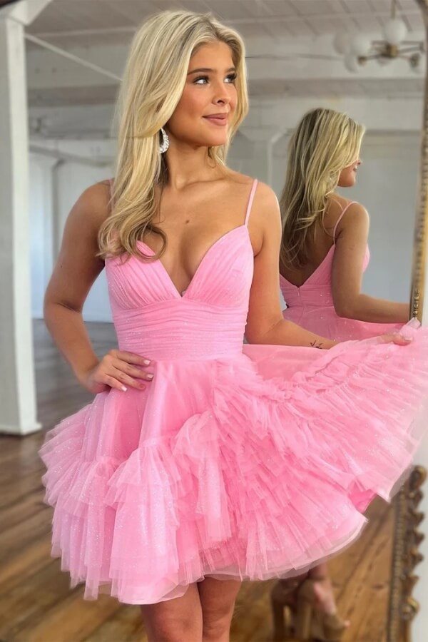 Pink Tulle A Line V Neck Short Homecoming Dresses, Graduation Dresses, SH664 | new arrival homecoming dresses | homecoming dresses pink | short homecoming dresses for teens | simidress.com